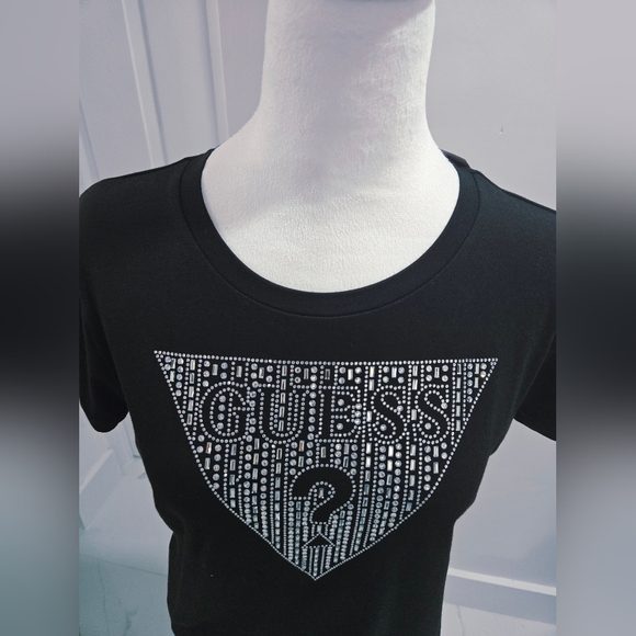GUESS T-Shirt Women's Black Rhinestone Bling Triangle Logo Large NEW - Picture 4 of 13
